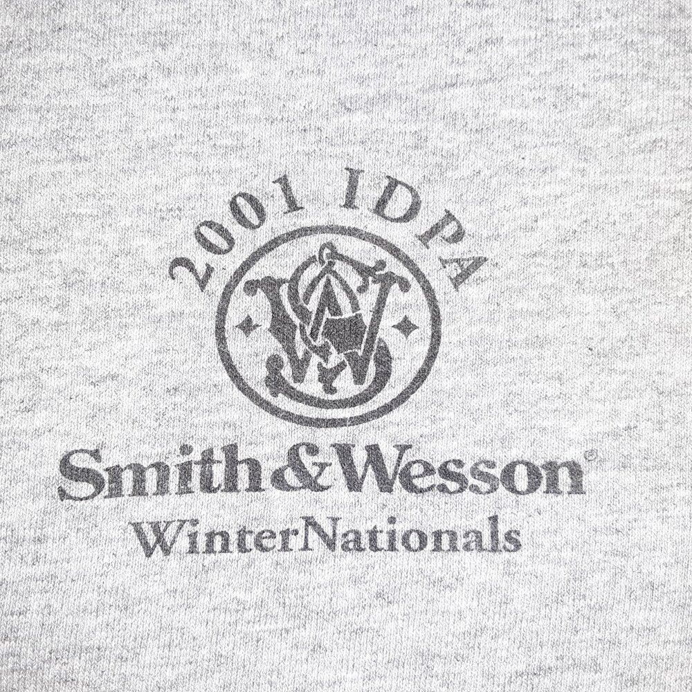 Smith & Wesson IDPA Long Sleeve Gray Tee Shirt * Med Large * Graphics on Sleeves